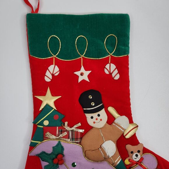 Vintage Sleigh Nutcracker Applique Christmas Stocking Sequined Velour Felt 3D - Picture 3 of 5
